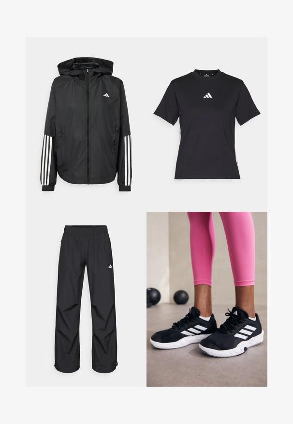 Czarna, lekka kurtka z kapturem, z pełnym zapięciem na zamek, elastycznymi mankietami i białymi, trzema paskami na rękawach.; Czarny T-shirt z krótkim rękawem wykonany z miękkiego materiału. Posiada białe logo Adidas oraz kontrastowe białe paski po bokach.; Czarne, lekkie, wodoodporne spodnie z elastycznym pasem, bocznymi kieszeniami i regulowanymi mankietami. Posiadają białe logo na lewej udzie.; Czarne sportowe buty z białymi paskami, teksturowana siateczkowa cholewka i biała podeszwa. Nosi je osoba w różowych legginsach, prezentując odzież treningową.