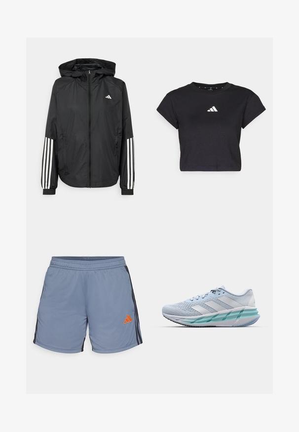Black lightweight jacket with a hood, featuring a full zip front, elastic cuffs, and white three-stripe accents on sleeves.; Black cropped t-shirt made of cotton, featuring short sleeves and a white Adidas logo on the chest. Smooth texture, round neckline.; Light blue athletic shorts with an elastic waistband, black side stripes, and an orange adidas logo on the lower left side.; Light blue athletic shoes with a textured knit upper, white accents, and a transparent green midsole. Rounded toe and padded collar.