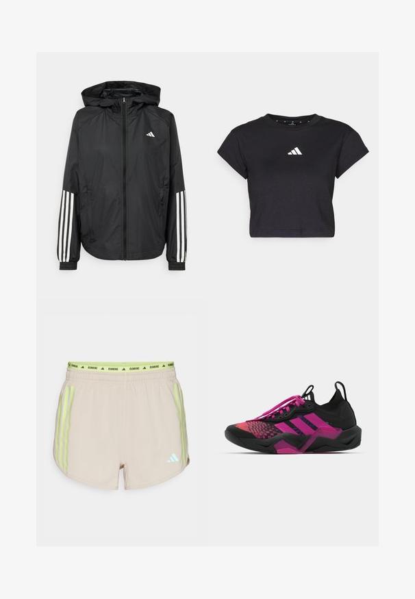 Black lightweight jacket with a hood, featuring a full zip front, elastic cuffs, and white three-stripe accents on sleeves.; Black cropped t-shirt made of cotton, featuring short sleeves and a white Adidas logo on the chest. Smooth texture, round neckline.; Beige running shorts with neon green waistband and side stripes. Features a blue logo detail on one side. Lightweight fabric with a smooth texture.; Black and pink athletic shoe with a textured upper, patterned design, prominent laces, and a chunky sole featuring pink accents.