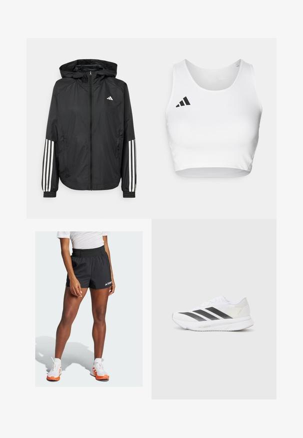 Schwarze, leichte Jacke mit Kapuze, die einen durchgehenden Reißverschluss, elastische Bündchen und weiße dreistreifige Akzente an den Ärmeln aufweist.; Weißes Sport-Crop-Top aus glattem Material, mit Rundhalsausschnitt und einem schwarzen Logo-Akzent auf der linken Seite.; Schwarze Sportshorts mit breitem Bund, auf dem der Text "TERREX" und das Adidas-Logo zu sehen sind. Kombiniert mit weißen Schuhen mit orangefarbenen Akzenten.; Weißer Sportschuh mit schwarzen diagonalen Streifen, Mesh-Obermaterial, abgerundetem Zehenbereich und strukturiertem Profil. Akzente sind ein silberner Heel und ein minimalistisches Design.