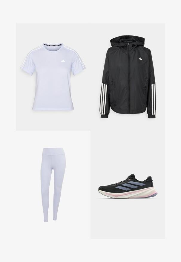 Veste légère noire avec capuche, dotée d'une fermeture à glissière intégrale, de poignets élastiques et d'accents blancs à trois rayures sur les manches.; T-shirt de sport à manches courtes bleu clair, avec un col rond, une texture semblable à du maillage et trois bandes blanches sur les épaules avec un petit logo.; Leggings violets clairs en tissu extensible. Conception taille haute avec une texture lisse et sans coutures ni motifs visibles.; Chaussure de course noire avec dessus en mesh, accents violet clair et trois bandes grises horizontales. Dispose d'une semelle rembourrée pour le confort.