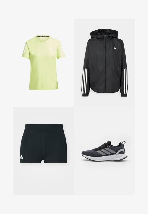 Schwarze, leichte Jacke mit Kapuze, die einen durchgehenden Reißverschluss, elastische Bündchen und weiße dreistreifige Akzente an den Ärmeln aufweist.; Hellgrünes Sport-T-Shirt aus atmungsaktivem Material. Mit weißen Streifen an den Ärmeln und einem schwarzen "RUNNING"-Label am Halsausschnitt.; Schwarze Sportshorts aus elastischem Material, mit hohem Bund, taillierter Form und weißem Adidas-Logo auf der linken Seite.; Schwarzer Sportschuh mit Obermaterial aus Mesh, weißer Mittelsohle, strukturiertem Gummisohle und drei grauen Streifen an der Seite. Verfügt über Schnürsenkel und eine Zuglasche.