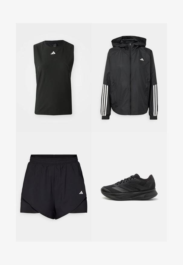 Mustikas kerge jope kapuutsiga, eesmise täispika zipiga, elastsete varrukate ja valgete kolme triibu aktsentidega varrukatel.; Must kätisteta sportkindel topp, mis on valmistatud hingavast kangast, millel on võrgudetailid ja valge Adidas logo rinnapiirkonnas.; Mustad mustad lühikesed püksid kihilise disainiga, valmistatud kergest kangast. Omavad elastset taljeosa ja väikest valget logo külgedel.; Mustad mustas jooksujalats, millel on hingav võrgust ülemine osa, ümardatud varvas, sujuv disain, tekstuuriga aktsendid ja mugavust tagav pehmendatud tald.