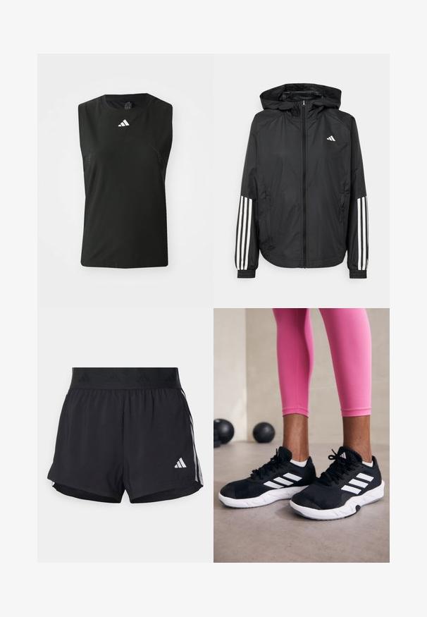 Jachetă ușoară neagră cu glugă, cu fermoar pe întreaga lungime, manșete elastice și accente albe cu trei dungi pe mâneci.; Top sportiv fără mâneci de culoare neagră, fabricat dintr-un material respirabil, cu detalii din plasă și un logo Adidas alb în zona pieptului.; Shorts de atletism negri cu un brâu elastic, având o bandă texturată, dungi laterale și un logo alb Adidas pe tivul de jos.; Adidași negri cu dungi albe, suprafață din plasă texturată și talpă albă. Purtați cu colanți roz, evidențiind îmbrăcămintea sport.