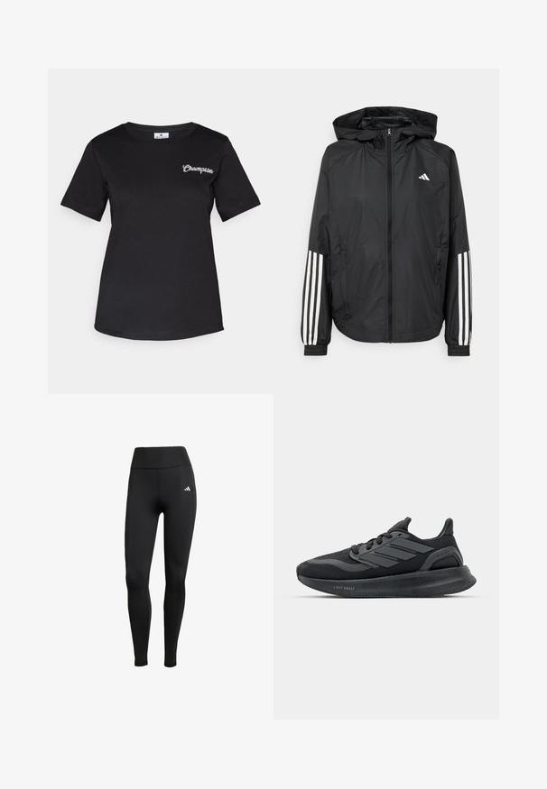 Chaqueta ligera negra con capucha, que cuenta con un cierre frontal de cremallera completa, puños elásticos y acentos blancos de tres rayas en las mangas.; Camiseta negra de manga corta hecha de algodón, con un pequeño logo blanco de "Champion" bordado en el lado izquierdo del pecho. Corte clásico.; Leggings deportivos negros con una cintura alta. Fabricados con tejido elástico que presenta un detalle de logo blanco en la parte superior izquierda.; Zapatillas deportivas negras con parte superior de malla, paneles texturizados, detalle de tres rayas y suela curva etiquetada como "LIGHT BOOST".