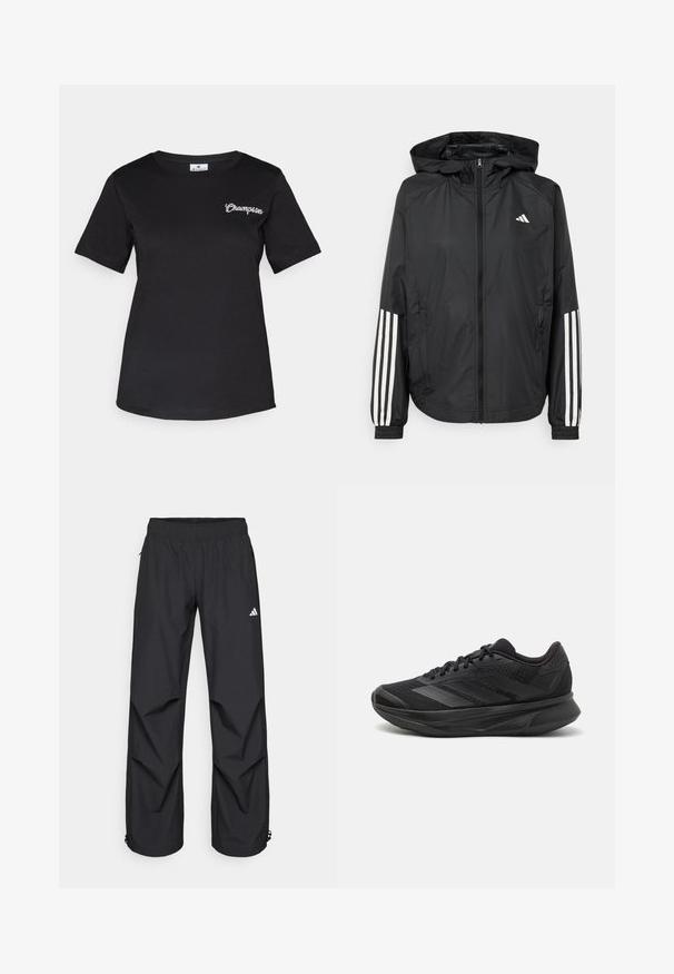 Svart lätt jacka med huva, som har full dragkedja framtill, elastiska ärmslut och vita tre-stripes accenter på ärmarna.; Svart kortärmad t-shirt i bomull med en liten vit "Champion"-logotyp broderad på vänster bröst. Klassisk passform.; Svarta, lätta, vattentäta byxor med elastisk midja, sidofickor och justerbara muddar. Har en vit logotyp på vänster lår.; Svart löparskor med ett andningsbart mesh-övre, rund tå, elegant design, texturerade accenter och en dämpad sula för komfort.