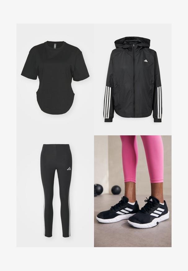 Črna lahka jakna s kapuco, z polnim zadrgo spredaj, elastikami na zapestjih in belimi tridelnimi poudarki na rokavih.; Črna kratkotrajna majica z okroglim izrezom, izdelana iz bombaža. Okrogla ovratnica s ukrivljenim robom in stranskimi razpoki. Gladka tekstura, sproščen kroj.; Črne legice iz elastičnega materiala z belimi stranskimi črtami in majhnim odbojnim logotipom na zgornji levi strani.; Črne športne čevlje z belimi črtami, teksturirano mrežasto zgornjišče in belo podplat. Obuti z roza legginsom, ki prikazujejo športno obleko.