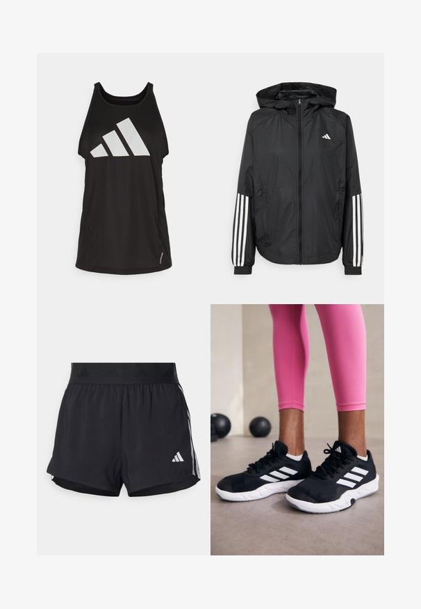 Czarna, lekka kurtka z kapturem, z pełnym zapięciem na zamek, elastycznymi mankietami i białymi, trzema paskami na rękawach.; Czarny top na ramiączkach ma prążkowaną teksturę z dużym białym logo Adidas z przodu. Okrągły dekolt i luźny fason.; Czarne sportowe szorty z elastycznym paskiem w talii, z teksturowanym pasem, bocznymi paskami oraz białym logo Adidas na dolnym brzegu.; Czarne sportowe buty z białymi paskami, teksturowana siateczkowa cholewka i biała podeszwa. Nosi je osoba w różowych legginsach, prezentując odzież treningową.