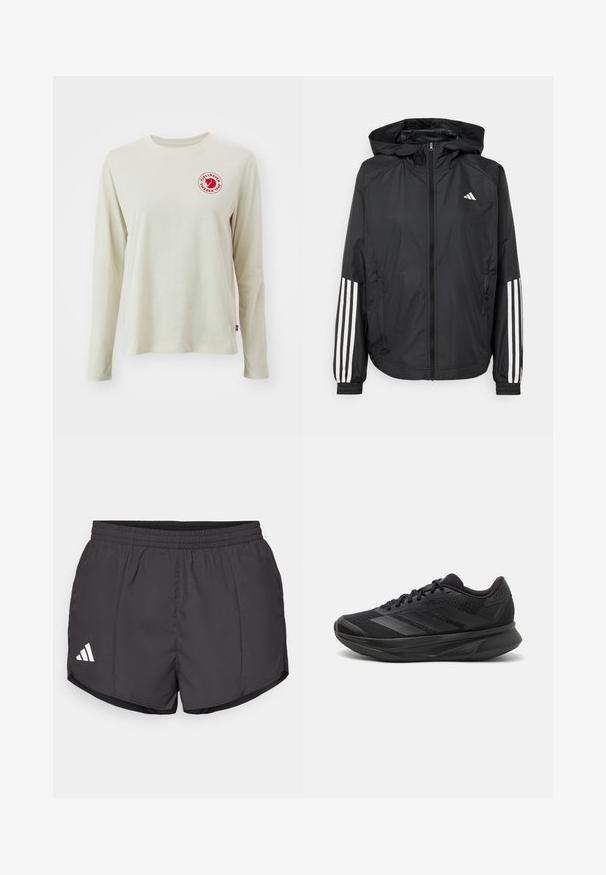 Musta kevyt takki hupparilla, jossa on täysipitkä vetoketju, elastiset hihansuut ja valkoiset kolmonauha-tyyliset yksityiskohdat hihoissa.; Vaalean beige pitkähihaisessa t-paidassa, joka on valmistettu puuvillasta. Paidassa on pyöreä pääntie ja punainen pyöreä logo rinnassa, jossa on teksti ja graafinen elementti.; Mustat urheilushortsit kevyestä kankaasta, joissa on joustava vyötärö ja valkoinen Adidas-logo vasemmassa alakulmassa.; Mustat juoksukengät, joissa on hengittävä verkkoyläosa, pyöreä varvas, sulavalinjainen muotoilu, teksturoidut yksityiskohdat ja pehmustettu pohja mukavuutta varten.