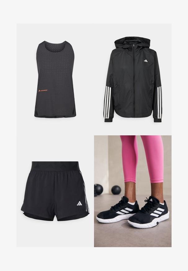 Black lightweight jacket with a hood, featuring a full zip front, elastic cuffs, and white three-stripe accents on sleeves.; Black athletic tank top featuring a breathable perforated design, round neckline, and orange logo accent at the bottom left.; Black athletic shorts with an elastic waistband, featuring a textured band, side stripes, and a white Adidas logo on the lower hem.; Black athletic shoes with white stripes, textured mesh upper, and a white sole. Worn with pink leggings, showcasing training apparel.