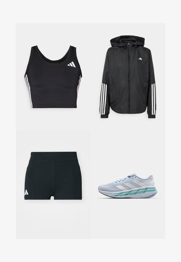 Czarna, lekka kurtka z kapturem, z pełnym zapięciem na zamek, elastycznymi mankietami i białymi, trzema paskami na rękawach.; Czarny sportowy crop top wykonany z elastycznego materiału. Posiada okrągły dekolt, białe paski po bokach oraz małe białe logo na górnej lewej stronie.; Czarne sportowe szorty wykonane z elastycznego materiału, z wysokim stanem, dopasowanym krojem i białym logo Adidas po lewej stronie.; Jasnoniebieskie buty sportowe z teksturowaną cholewką z dzianiny, białymi akcentami i przezroczystą zieloną podeszwą środkową. Okrągły czubek i wyściełany kołnierz.