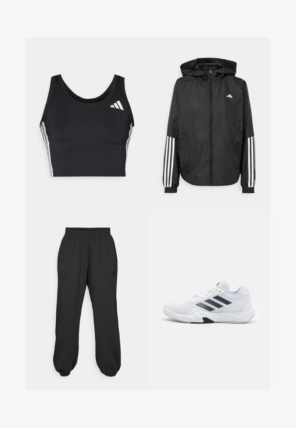 Schwarze, leichte Jacke mit Kapuze, die einen durchgehenden Reißverschluss, elastische Bündchen und weiße dreistreifige Akzente an den Ärmeln aufweist.; Schwarzes Sport-Crop-Top aus dehnbarem Material. Mit rundem Ausschnitt, weißen Seitestreifen und einem kleinen weißen Logo oben links.; Schwarze Jogginghosen aus weichem Stoff, mit elastischem Bund, schmal zulaufenden Bündchen und einem kleinen Logo auf dem linken Oberschenkel.; Weißer Sportschuh mit Mesh-Obermaterial, drei schwarzen Streifen an der Seite, strukturierten Akzenten und einer robusten Gummisohle mit einem kontrastierenden schwarzen Bereich.