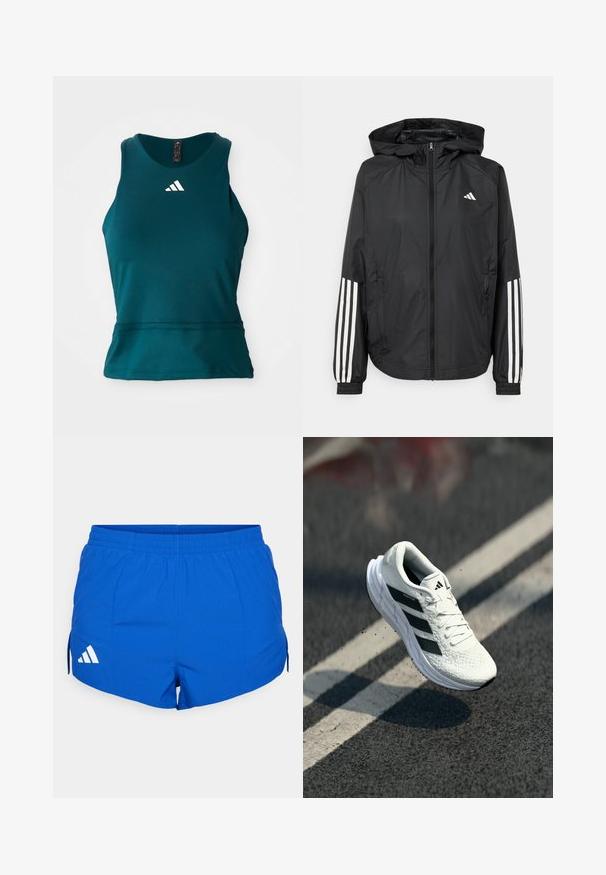 Veste légère noire avec capuche, dotée d'une fermeture à glissière intégrale, de poignets élastiques et d'accents blancs à trois rayures sur les manches.; Débardeur de sport teal en tissu lisse et respirant. Doté d'un col rond, sans manches, avec un logo blanc sur la poitrine.; Shorts de sport bleus avec une taille élastique, arborant le logo blanc d'Adidas sur le côté gauche et des fentes sur les côtés pour une meilleure mobilité.; Chaussure de course blanche avec une tige texturée, design à trois rayures noires, col rembourré et semelle légère, positionnée en plein air au-dessus d'une surface routière.