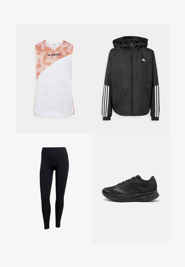 Chaqueta ligera negra con capucha, que cuenta con un cierre frontal de cremallera completa, puños elásticos y acentos blancos de tres rayas en las mangas.; Top deportivo sin mangas blanco con rayas diagonales naranjas, superficie texturizada y logo "TERREX" en la parte superior frontal.; Leggings atléticos negros hechos de una tela elástica, con una cinturilla alta, diseño ajustado y puños de tobillo acanalados. Sutil logo de la marca.; Zapatilla de running negra con parte superior de malla transpirable, punta redondeada, diseño elegante, acentos texturizados y suela acolchada para mayor comodidad.