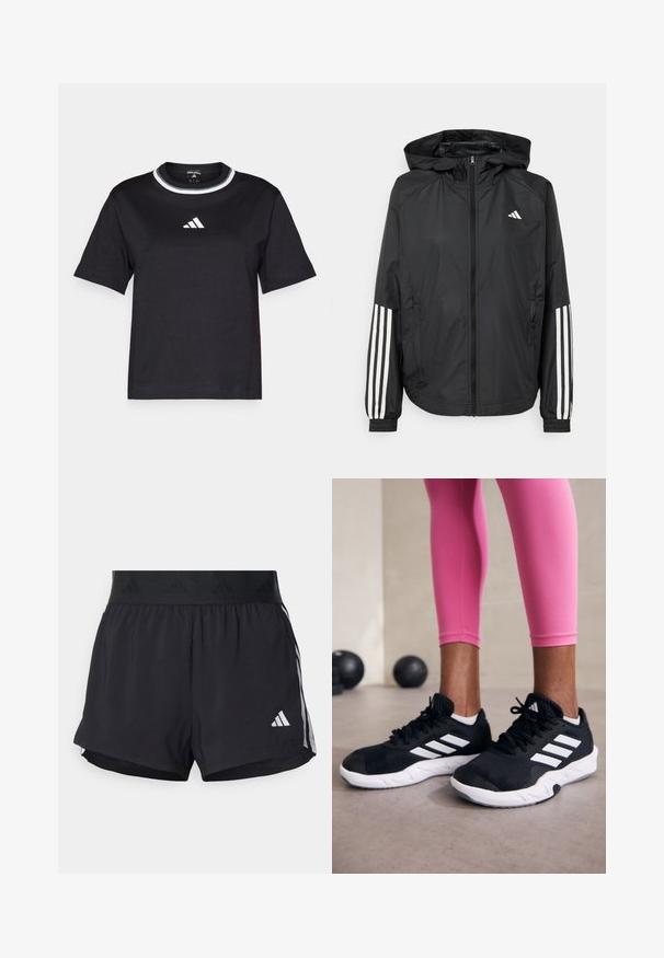 Melnā vieglā jaka ar kapuci, ar pilnu rāvējslēdzēju priekšā, elastīgām aprocēm un baltām trīs svītru akcentiem uz piedurknēm.; Melna kokvilnas t-kreklu ar īsām piedurknēm, kas satur baltu apakšmalas apkakli un baltu Adidas logo augšējā centrā.; Melni sporta šorti ar elastīgu jostu, ar teksturētu joslu, sānu svītrām un baltu Adidas logo apakšējā malu.; Melnas sporta kurpes ar baltām svītrām, teksturēta sieta augšdaļa un balta zole. Nēsātas ar rozā legingiem, demonstrējot treniņu apģērbu.