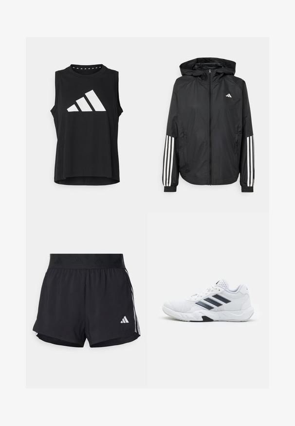 Černá lehká bunda s kapucí, která má plný zip vpředu, elastické manžety a bílé třípruhové akcenty na rukávech.; Černý bezrukávový sportovní top vyrobený z hladkého materiálu, na přední straně s velkým bílým logem Adidas a třemi diagonálními pruhy.; Černé sportovní šortky s elastickým pasem, s texturovaným páskem, bočními pruhy a bílým logem Adidas na dolním lemu.; Bílé sportovní boty s vrškem ze síťoviny, třemi černými pruhy po stranách, texturovanými akcenty a odolnou gumovou podrážkou s kontrastní černou částí.