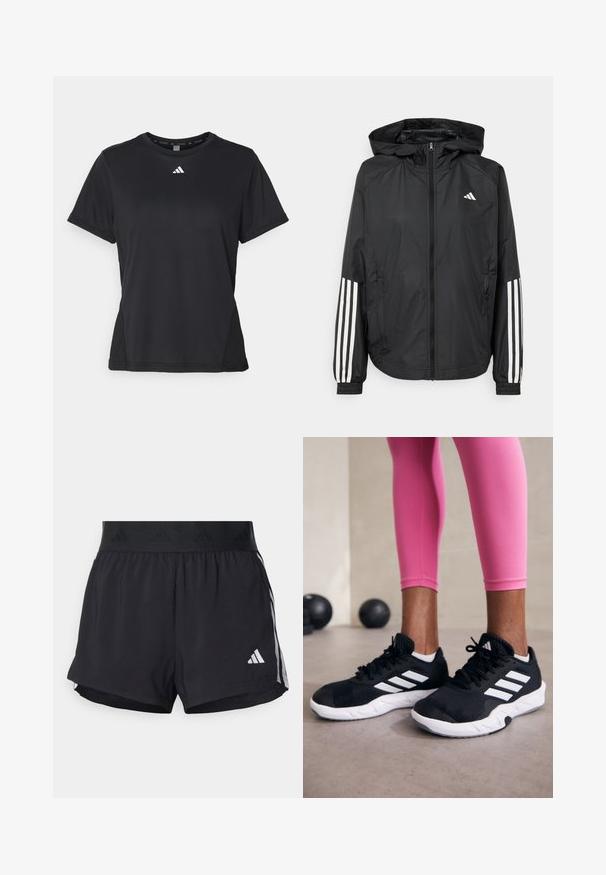 Črna lahka jakna s kapuco, z polnim zadrgo spredaj, elastikami na zapestjih in belimi tridelnimi poudarki na rokavih.; Črna športna majica s kratkimi rokavi, okroglim izrezom in belim logotipom na prsih. Izdelana iz gladkega, raztegljivega materiala.; Črne atletske kratke hlače z elastičnim pasom, ki vsebuje teksturirano obrobo, stranske črte in belo Adidasovo logotip na spodnjem robu.; Črne športne čevlje z belimi črtami, teksturirano mrežasto zgornjišče in belo podplat. Obuti z roza legginsom, ki prikazujejo športno obleko.
