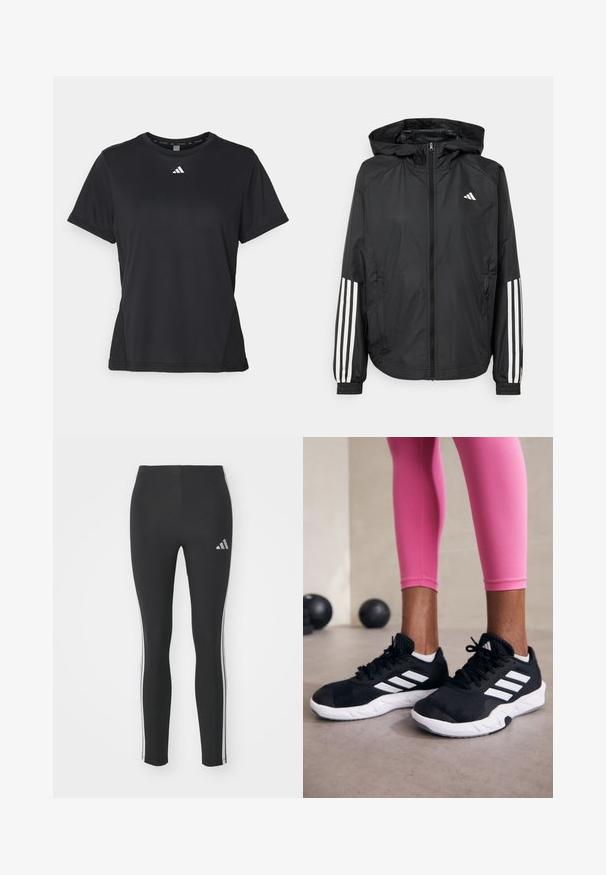 Melnā vieglā jaka ar kapuci, ar pilnu rāvējslēdzēju priekšā, elastīgām aprocēm un baltām trīs svītru akcentiem uz piedurknēm.; Melnas sporta T-krekls ar īsām piedurknēm, apaļu kakla izgriezumu un baltu logo uz krūškurvja. Izgatavots no gludas, elastīgas auduma.; Melni legingi, izgatavoti no elastīga materiāla, ar baltām sānu svītrām un mazu atstarojošu logotipu augšējā kreisajā pusē.; Melnas sporta kurpes ar baltām svītrām, teksturēta sieta augšdaļa un balta zole. Nēsātas ar rozā legingiem, demonstrējot treniņu apģērbu.