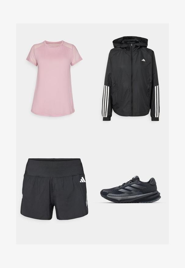Crna lagana jakna s kapuljačom, s punim zdravo zatvaranjem, elastičnim manžetama i bijelim trostrukim trakama na rukavima.; Svijetlo ružičasta atletska majica napravljena od mekanog materijala, s kratkim mrežastim rukavima i okruglim izrezom, s aerodinamičnim oblikom i zaobljenim rubom.; Crne sportske kratke hlače s širokim elastičnim pojasom, laganom tkaninom i bijelim logotipom na donjoj strani.; Crne atletske cipele s teksturiranim mrežastim gornjim dijelom, reflektirajućim detaljima, ublaženim potplatom i aerodinamičnim dizajnom. Sadrži logo s tri pruge.