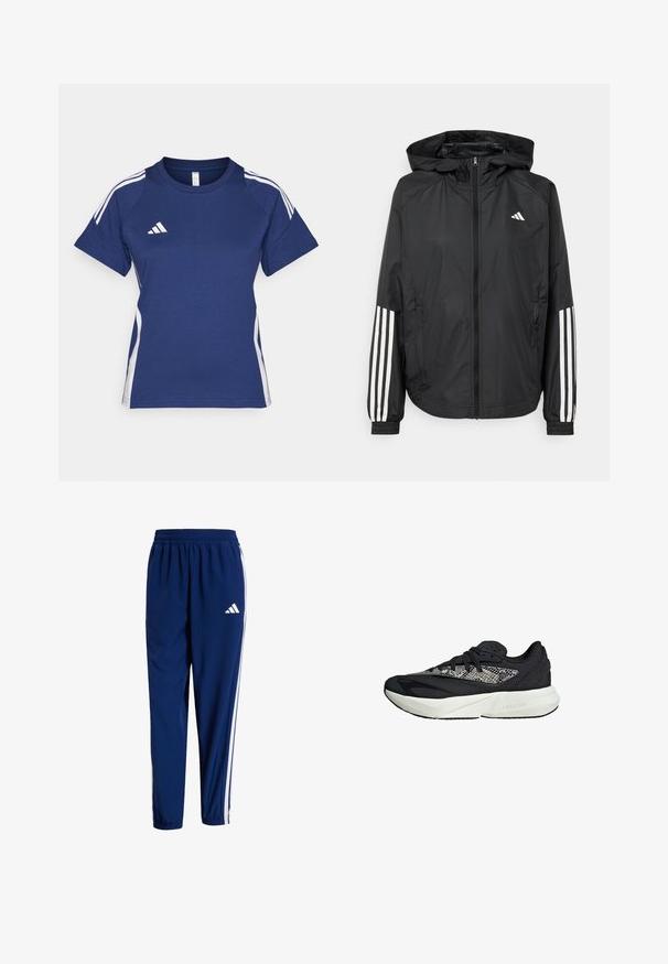 Zwarte lichtgewicht jas met een capuchon, met een volledige ritssluiting aan de voorkant, elastische manchetten en witte accenten met drie strepen op de mouwen.; Marineblauw sportshirt met witte zijstrepen en het Adidas-logo op de borst. Korte mouwen en ronde hals. Gemengd katoen materiaal.; Marine sportieve broek met een rekbare tailleband, witte zijkanten en een wit logo. Gemaakt van lichtgewicht stof met een gladde textuur.; Zwarte en grijze sneaker met een gestructureerde breisel bovenzijde, witte tussenzool met "LIGHTSTRIKE" branding, en een afgeronde neusontwerp.