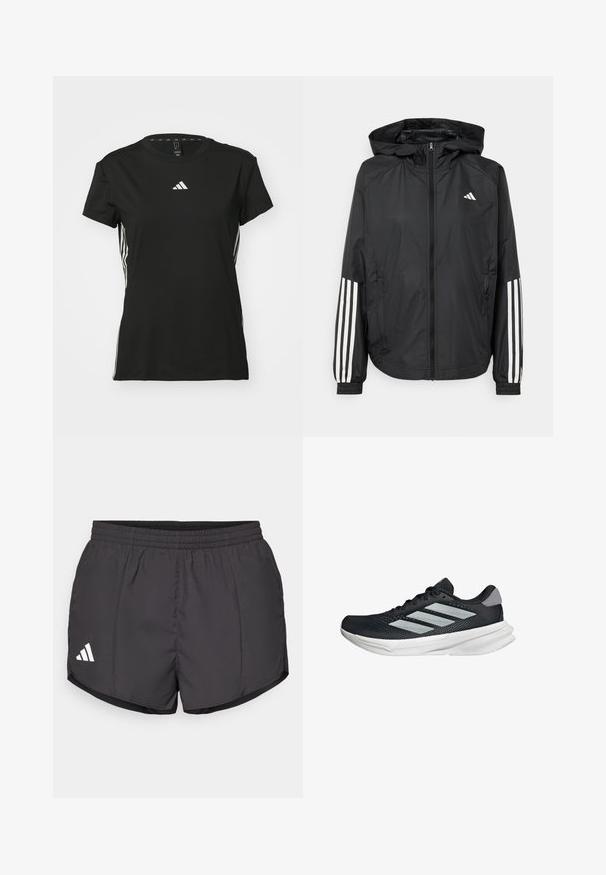 Musta kevyt takki hupparilla, jossa on täysipitkä vetoketju, elastiset hihansuut ja valkoiset kolmonauha-tyyliset yksityiskohdat hihoissa.; Mustat urheilu t-paita lyhyillä hihoilla, valmistettu synteettisestä materiaalista. Sisältää pienen valkoisen logon rinnassa ja valkoiset raidat sivuilla.; Mustat urheilushortsit kevyestä kankaasta, joissa on joustava vyötärö ja valkoinen Adidas-logo vasemmassa alakulmassa.; Musta juoksukenkä, jossa on verkko-osa ylhäällä, kolme hopeista raitaa, valkoinen välipohja ja teksturoitu pohja. Varustettu pehmustetulla nilkkaremmeillä ja nauhakiinnityksellä.