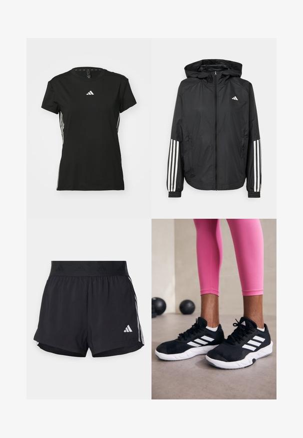 Mustikas kerge jope kapuutsiga, eesmise täispika zipiga, elastsete varrukate ja valgete kolme triibu aktsentidega varrukatel.; Must musta t-särk lühikeste varrukatega, valmistatud sünteetilisest materjalist. Ees on väike valge logo ja külgedel valged triibud.; Musta sportlikud lühikesed püksid elastse vöökohtaga, millel on tekstuuriga riba, külgmised triibud ja alumises servas valge Adidas'i logo.; Mustad must sportlikud jalanõud valgete triipudega, tekstureeritud võrkkattega ülemine osa ja valge tallaga. Kombineeritud roosade retuusidega, tutvustades treeningriideid.