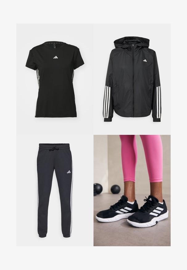 Čierna ľahká bunda s kapucňou, s celoprsným zipsom, elastickými manžetami a bielymi trojprúžkovými akcentmi na rukávoch.; Čierne športové tričko s krátkymi rukávmi, vyrobené z syntetického materiálu. Obsahuje malé biele logo na hrudi a biele pruhy po stranách.; Námornícke tepláky vyrobené z jemnej tkaniny, s bielymi bočnými pruhmi, nastaviteľným pásom s šnúrkou a malým logom na ľavom stehne.; Čierne atletické topánky s bielymi pruhmi, textúrovaný sieťovaný zvršok a biela podrážka. Nosené s ružovými legínami, ukazujúce tréningové oblečenie.