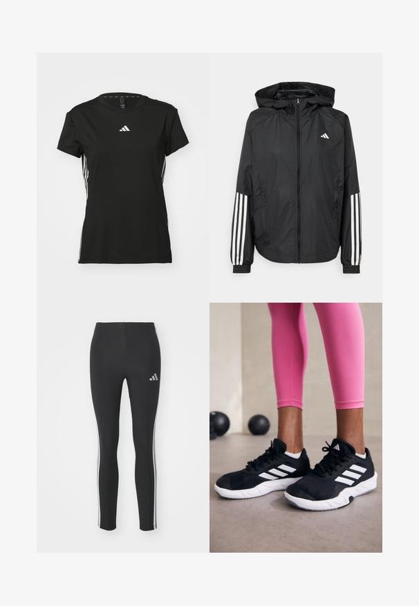 Veste légère noire avec capuche, dotée d'une fermeture à glissière intégrale, de poignets élastiques et d'accents blancs à trois rayures sur les manches.; T-shirt de sport noir à manches courtes, fabriqué en matériau synthétique. Présente un petit logo blanc sur la poitrine et des rayures blanches sur les côtés.; Leggings noirs en tissu extensible avec des bandes latérales blanches et un petit logo réfléchissant en haut à gauche.; Baskets de sport noires avec des rayures blanches, tige en mesh texturé et semelle blanche. Portées avec des leggings roses, mettant en valeur des vêtements d'entraînement.