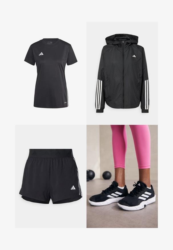 Černá lehká bunda s kapucí, která má plný zip vpředu, elastické manžety a bílé třípruhové akcenty na rukávech.; Černé sportovní tričko s krátkými rukávy, vyrobené z materiálu odvádějícího vlhkost, s bočními síťovinovými panely a bílými logovými akcenty.; Černé sportovní šortky s elastickým pasem, s texturovaným páskem, bočními pruhy a bílým logem Adidas na dolním lemu.; Černé sportovní boty s bílými pruhy, texturovaný síťovinový svršek a bílá podrážka. Nosené s růžovými legínami, které předvádějí tréninkové oblečení.