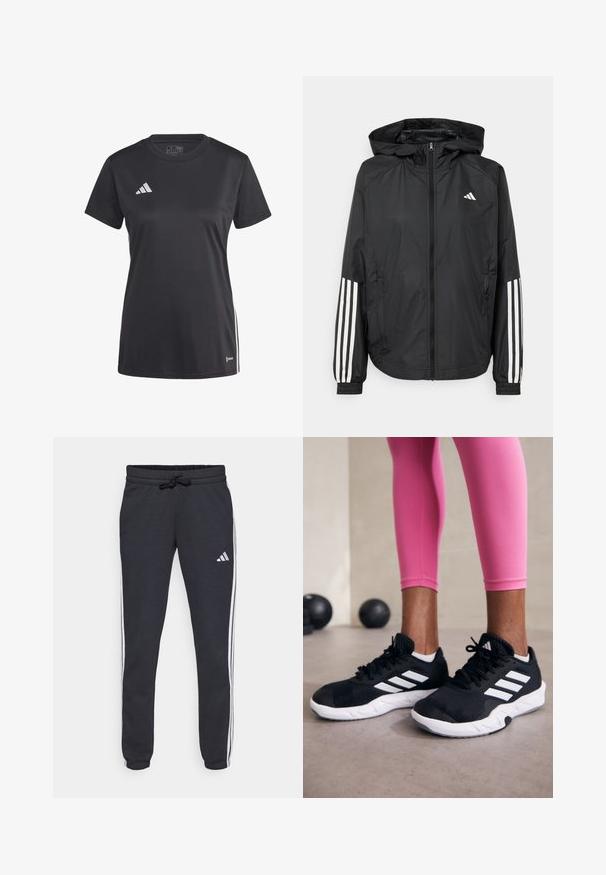 Black lightweight jacket with a hood, featuring a full zip front, elastic cuffs, and white three-stripe accents on sleeves.; Black athletic shirt with short sleeves, made from moisture-wicking fabric, featuring side mesh panels and white logo accents.; Navy track pants made of soft fabric, featuring white side stripes, an adjustable waistband with a drawstring, and a small logo on the left thigh.; Black athletic shoes with white stripes, textured mesh upper, and a white sole. Worn with pink leggings, showcasing training apparel.
