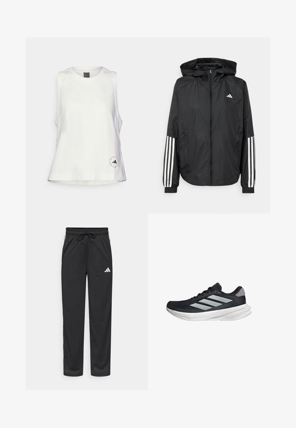 Chaqueta ligera negra con capucha, que cuenta con un cierre frontal de cremallera completa, puños elásticos y acentos blancos de tres rayas en las mangas.; Top blanco sin mangas con escote redondo, textura suave y un pequeño logo circular negro en la parte inferior izquierda.; Pantalones deportivos de malla negra con cintura elástica, cordón y logo blanco en el lado izquierdo. Incluyen bolsillos laterales y un diseño de pierna recta.; Zapatilla de correr negra con parte superior de malla, tres franjas plateadas, media suela blanca y suela texturizada. Incluye un cuello acolchado y cierre de cordones.