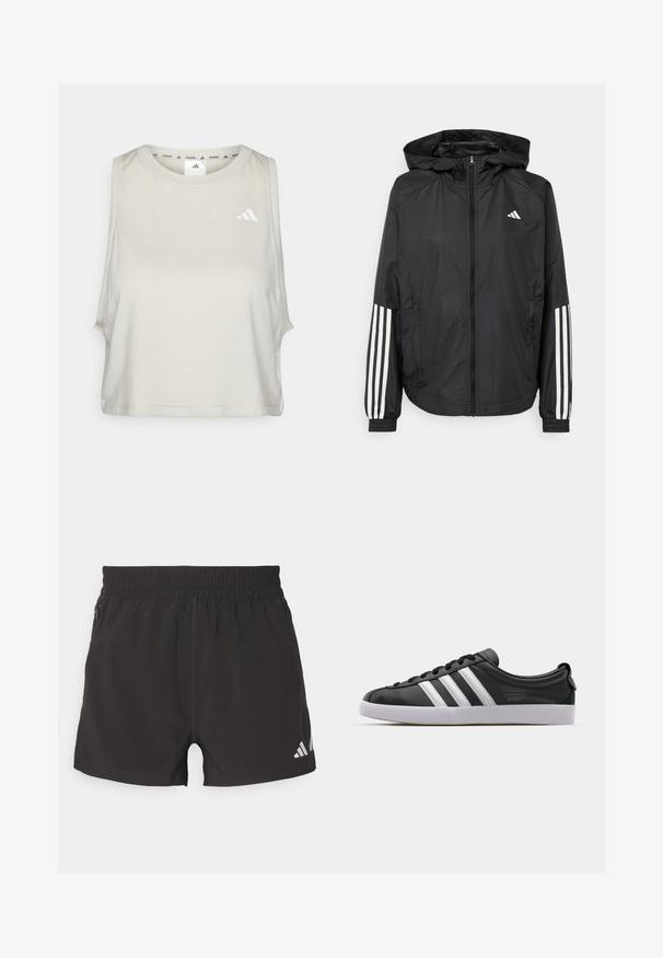Casaco leve preto com capuz, apresentando um fecho de correr na frente, punhos elásticos e detalhes em branco com três riscas nas mangas.; Top cropped sem mangas, cinza claro, feito de tecido liso, com gola redonda e logótipo branco da Adidas no lado esquerdo do peito.; Calções atléticos pretos feitos de um tecido leve. Apresentam uma cintura elástica, bolso lateral com fecho éclair e um logo refletor na barra.; Sapatilha de couro preta com um design de três riscas brancas, bico arredondado, sola plana de borracha branca e detalhe da marca na lateral.