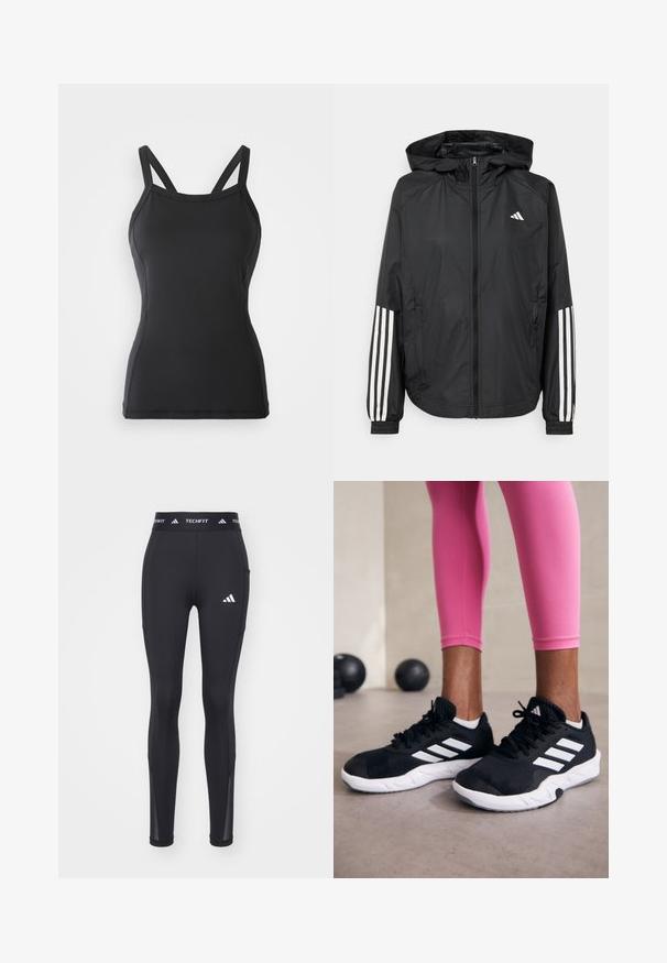 Črna lahka jakna s kapuco, z polnim zadrgo spredaj, elastikami na zapestjih in belimi tridelnimi poudarki na rokavih.; Črna majica brez rokavov z oprijetim krojem, izdelana iz gladkega blaga. Ima tanke, nastavljive naramnice in zaobljen izrez. Brez vzorcev ali okrasnih elementov.; Črne atletske legice s prilegajočim se dizajnom, narejene iz raztegljivega materiala, z logotipom na boku in mrežnimi podrobnostmi na gležnjih.; Črne športne čevlje z belimi črtami, teksturirano mrežasto zgornjišče in belo podplat. Obuti z roza legginsom, ki prikazujejo športno obleko.
