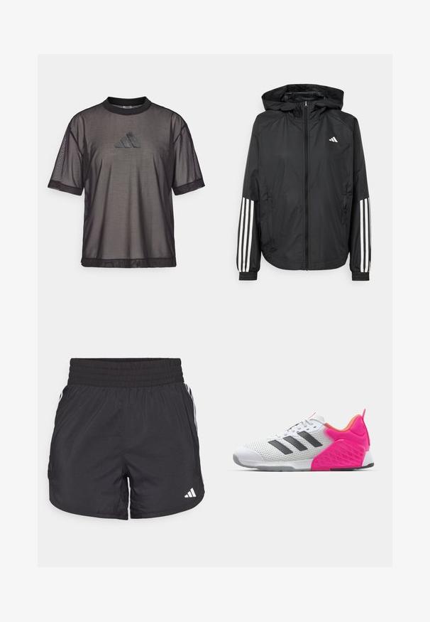 Casaco leve preto com capuz, apresentando um fecho de correr na frente, punhos elásticos e detalhes em branco com três riscas nas mangas.; Camiseta de manga curta em malha preta, com decote redondo e um logotipo da Adidas texturizado no peito. Apresenta um tecido respirável para ventilação.; Calções de desporto pretos com um cós elástico, bolsos laterais e detalhes em lista branca nas laterais. Feitos de material leve.; Sapatilha desportiva branca com riscas cinzentas, parte superior em malha e calcanhar e detalhes cor-de-rosa. Apresenta um calcanhar texturizado e sola de borracha. Cadarços e colarinho acolchoado.