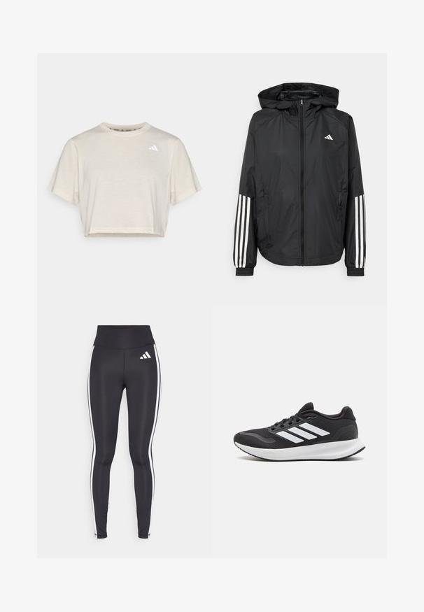 Chaqueta ligera negra con capucha, que cuenta con un cierre frontal de cremallera completa, puños elásticos y acentos blancos de tres rayas en las mangas.; Camiseta corta de manga corta en mezcla de algodón color blanco roto, con un pequeño logo negro en el pecho. Textura suave y escote redondo.; Leggings negros de cintura alta, con franjas laterales blancas y un pequeño logo blanco en el muslo superior izquierdo. Fabricados con material suave y elástico.; Zapatilla deportiva negra con parte superior de malla, puntera redonda y tres rayas blancas en el lateral. Suela ligera con suela de goma texturizada para mayor agarre.