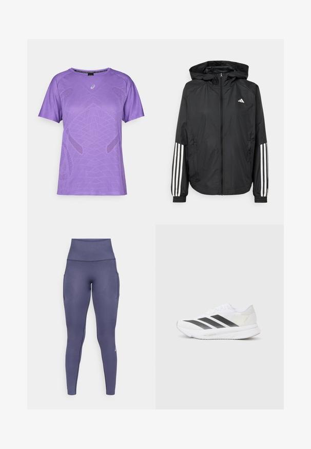 Fekete, könnyű dzseki kapucnival, teljes cipzárral, elasztikus mandzsettákkal és fehér, háromcsíkkal díszített ujjakon.; Lila sportpóló, amely könnyű anyagból készült. Hálóbetétek és geometrikus minta jellemzi. Rövid ujjú és kerek nyakú.; Magas derekú, varrás nélküli sötétkék sport leggings, oldalsó zsebekkel és visszafogott texturált mintával, aktív viselethez tervezve.; Fehér sportcipő fekete átlós csíkokkal, hálós felsőrésszel, lekerekített orral és texturált talppal. A kiegészítők között szerepel egy ezüst sarok és minimalista dizájn.