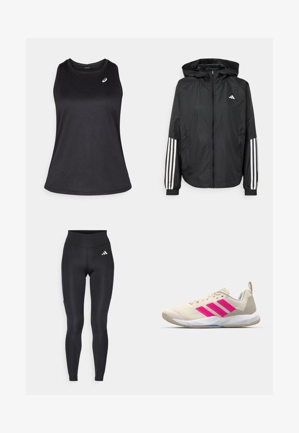 Fekete, könnyű dzseki kapucnival, teljes cipzárral, elasztikus mandzsettákkal és fehér, háromcsíkkal díszített ujjakon.; Fekete sportos ujjatlan felső, könnyű, légáteresztő anyagból készült. Kerek nyakkivágással és diszkrét logóval rendelkezik a bal felső oldalon.; Fekete, magas derekú leggings rugalmas anyagból. Fehér logóval a csípőn és texturált díszítéssel az oldalakon. Sima tapintás.; Beige sportcipő rózsaszín háromsávos logóval, texturált hálós felső résszel, párnázott nyakkal és fehér gumitalppal, "LIGHTSTRIKE" márkajelzéssel.