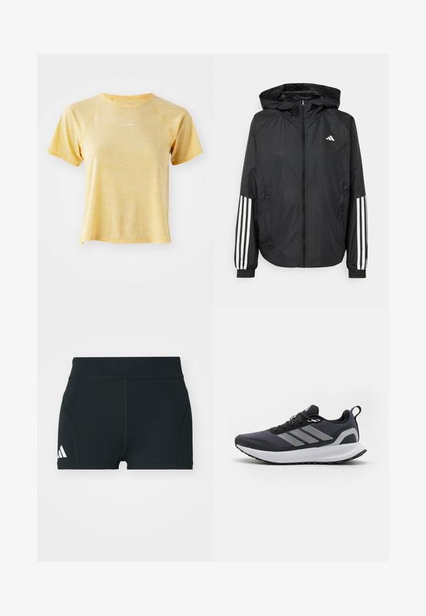 Fekete, könnyű dzseki kapucnival, teljes cipzárral, elasztikus mandzsettákkal és fehér, háromcsíkkal díszített ujjakon.; Rövid ujjú sárga sportpóló texturált mintával, raglán ujjakkal és diszkrét logóval. Az anyaga könnyűnek és légiesnek tűnik.; Fekete sportnadrág elasztikus anyagból, magas derékkal, testhezálló fazonban, bal oldalon fehér Adidas logóval.; Fekete sportcipő hálós felsőrésszel, fehér középtalppal, texturált gumitalppal és három szürke csíkkal az oldalán. Fűzővel és húzófüllel rendelkezik.