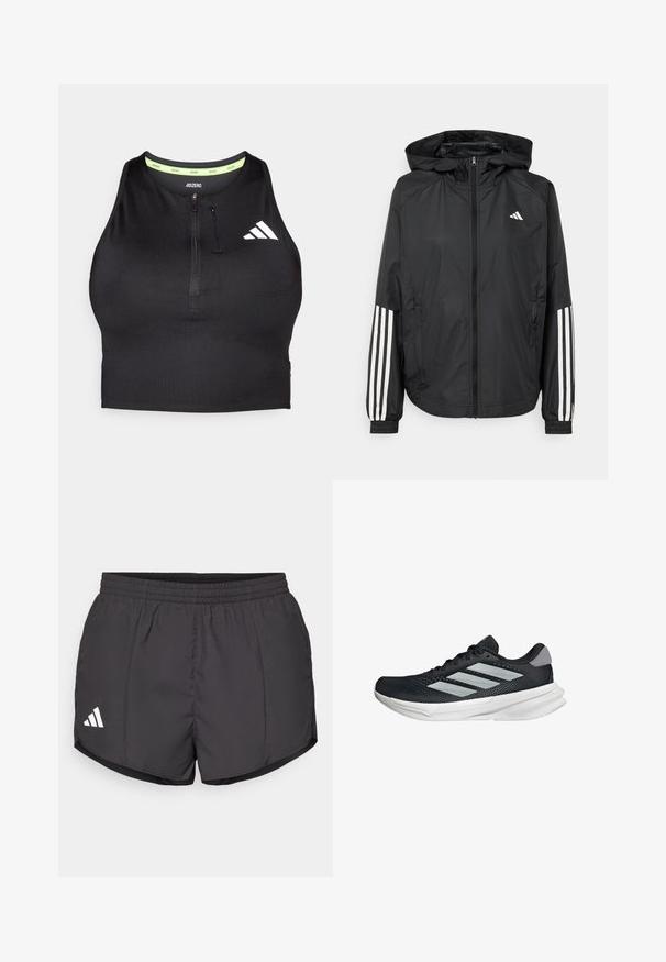 Zwarte lichtgewicht jas met een capuchon, met een volledige ritssluiting aan de voorkant, elastische manchetten en witte accenten met drie strepen op de mouwen.; Zwarte atletische crop top met een ritssluiting aan de voorkant, gemaakt van gladde stof. Heeft een groene binnenhalslijn en een wit logo aan de zijkant.; Zwarte sport shorts gemaakt van lichtgewicht stof, met een elastische tailleband en een wit Adidas-logo aan de onderkant aan de linkerkant.; Zwarte hardloopschoen met een mesh bovenzijde, drie zilveren strepen, witte middenzool en een gestructureerde loopzool. Heeft een gevoerde kraag en een vetersluiting.