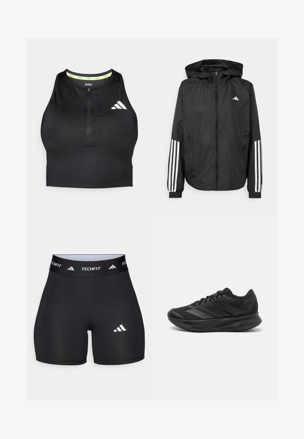 Svart lätt jacka med huva, som har full dragkedja framtill, elastiska ärmslut och vita tre-stripes accenter på ärmarna.; Svart atletisk crop top med dragkedja fram, tillverkad av smidigt tyg. Har en grön innerhalsringning och en vit logotyp på sidan.; Svarta shorts tillverkade av elastiskt material med en figurnära design. Har ett brett svart midjeband märkt "TECHFIT" och en vit logotyp på benet.; Svart löparskor med ett andningsbart mesh-övre, rund tå, elegant design, texturerade accenter och en dämpad sula för komfort.