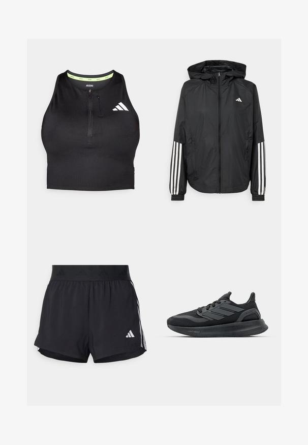 Sort letvægtsjakke med hætte, der har fuld lynlås fortil, elastiske manchetter og hvide tre-stribede detaljer på ærmerne.; Sort trænings crop top med lynlås foran, lavet af glat stof. Har en grøn indvendig halsudskæring og et hvidt logo på siden.; Sorte sport shorts med elastisk talje, der har et tekstureret bånd, sidestreger og et hvidt Adidas-logo på den nederste kant.; Sorte atletik sko med mesh-overdel, teksturerede paneler, detaljer med tre striber og en buet sål mærket "LIGHT BOOST."
