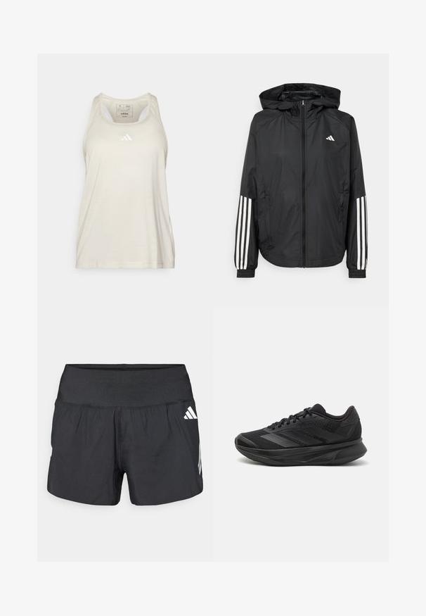 Black lightweight jacket with a hood, featuring a full zip front, elastic cuffs, and white three-stripe accents on sleeves.; adidas Performance Top - alumina/white; Black athletic shorts featuring a wide elastic waistband, lightweight fabric, and white logo accents on the lower side.; Black running shoe with a breathable mesh upper, rounded toe, sleek design, textured accents, and a cushioned sole for comfort.