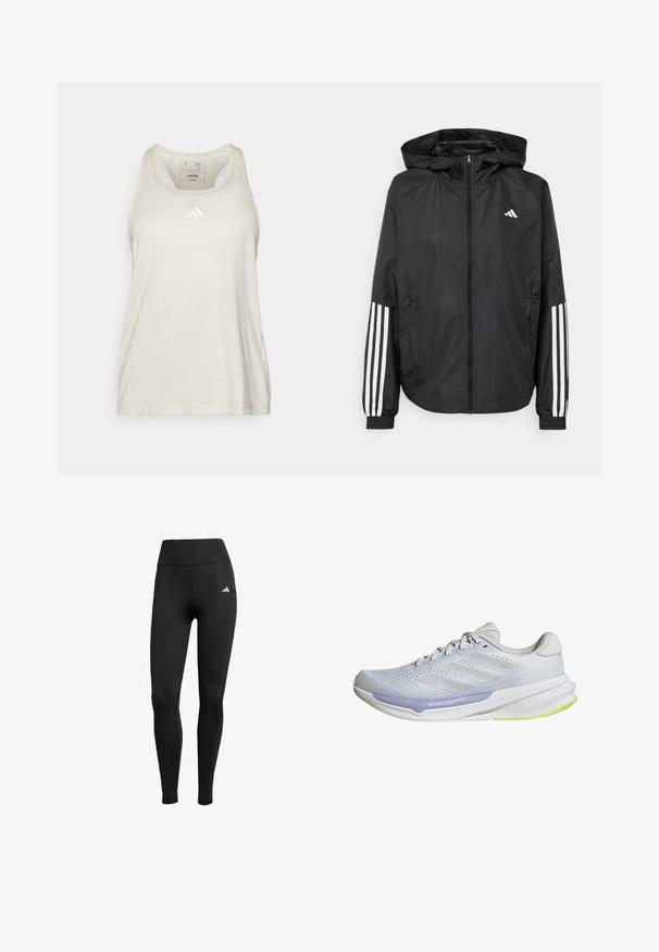 Black lightweight jacket with a hood, featuring a full zip front, elastic cuffs, and white three-stripe accents on sleeves.; adidas Performance TRAIN ESSENTIALS MINIMAL BRANDING RACERBACK - Top - alumina/white; Black athletic leggings with a high waistband. Made of stretchable fabric featuring a white logo detail on the upper left side.; White athletic shoe with a breathable mesh upper, textured design, and lavender accent. Features a cushioned sole with green outsole details.