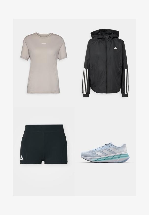 Chaqueta ligera negra con capucha, que cuenta con un cierre frontal de cremallera completa, puños elásticos y acentos blancos de tres rayas en las mangas.; Camiseta de manga corta gris claro hecha de tejido texturizado. Presenta un cuello redondo y un pequeño logotipo blanco en el pecho.; Pantalones cortos deportivos negros de tela elástica, con una cintura alta, forma ajustada y logo blanco de Adidas en el lado izquierdo.; Zapatillas deportivas azul claro con un upper de punto texturizado, acentos blancos y una suela intermedia verde transparente. Punta redondeada y cuello acolchado.