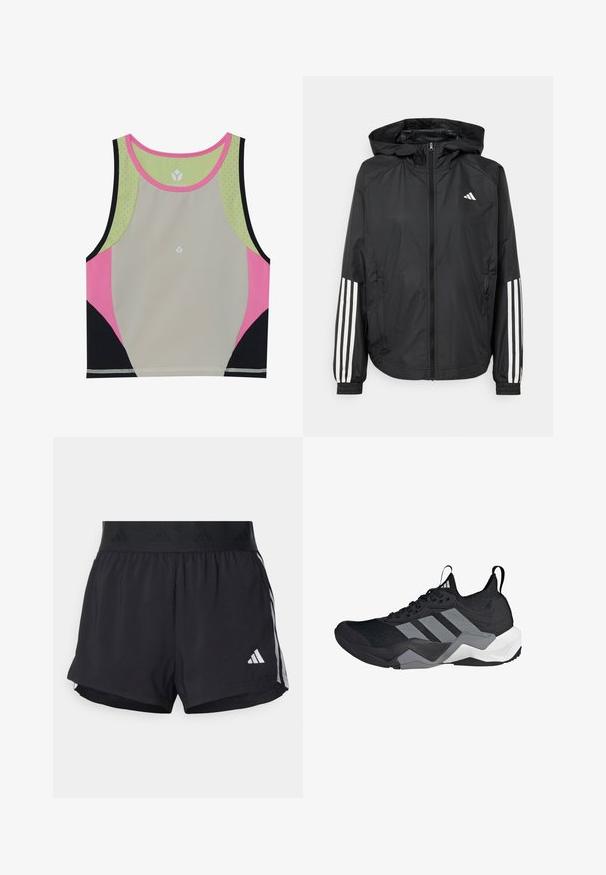 Mustikas kerge jope kapuutsiga, eesmise täispika zipiga, elastsete varrukate ja valgete kolme triibu aktsentidega varrukatel.; Värviline spordikropitop, millel on heledat halli värvi keha, roosa, must ja roheline aksent ning ümmargune kaelus perforatsiooniga detailidega.; Musta sportlikud lühikesed püksid elastse vöökohtaga, millel on tekstuuriga riba, külgmised triibud ja alumises servas valge Adidas'i logo.; Musthave must viibutav võrkkangas, hallid aktsendid, tekstureeritud tald ja kolm eristuvat triipu külgedel.