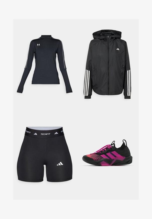 Fekete, könnyű dzseki kapucnival, teljes cipzárral, elasztikus mandzsettákkal és fehér, háromcsíkkal díszített ujjakon.; Fekete hosszúujjú sportfelső, álló gallérral, fehér oldalsávokkal és egy kis logóval a bal felső mellen. Puha, rugalmas anyag.; Fekete, rugalmas anyagból készült, testhezálló rövidnadrág. Széles fekete derékpánttal rendelkezik, amelyen a "TECHFIT" felirat található, és a lábszáron egy fehér logó van.; Fekete és rózsaszín sportcipő, texturált felsőrésszel, mintás dizájnnal, hangsúlyos fűzőkkel és tömzsi talppal, rózsaszín kiegészítőkkel.