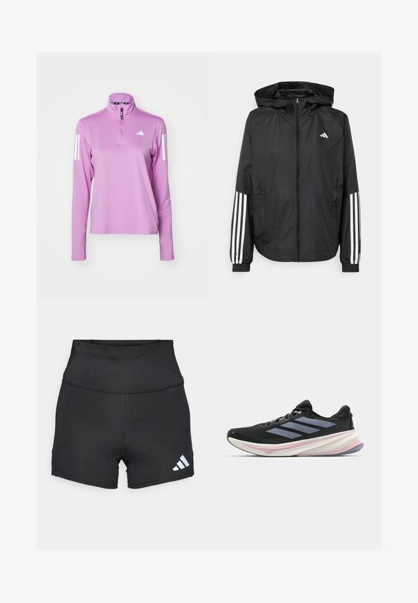 Black lightweight jacket with a hood, featuring a full zip front, elastic cuffs, and white three-stripe accents on sleeves.; adidas Performance Long sleeved top - preloved purple; adidas Performance Leggings - black; Black running shoe with mesh upper, light purple accents, and three horizontal gray stripes. Features a cushioned sole for comfort.