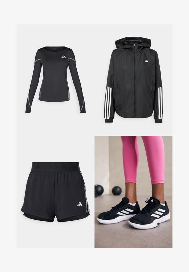 Μαύρο ελαφρύ μπουφάν με κουκούλα, με πλήρη φερμουάρ μπροστά, ελαστικούς καρπούς και λευκές τριπλές ρίγες στα μανίκια.; Μαύρο αθλητικό μπλουζάκι με μακριά μανίκια και στρογγυλή λαιμόκοψη, με ανακλαστική ασημένια ραφή. Διαθέτει μικρό λευκό λογότυπο στην επάνω αριστερή πλευρά.; Μαύρο αθλητικό σορτσάκι με ελαστική μέση, διαθέτει υφασμάτινη ζώνη, λωρίδες στα πλάγια και λευκό λογότυπο της Adidas στο κάτω μέρος.; Μαύρα αθλητικά παπούτσια με λευκές ρίγες, με επάνω μέρος από υφαντό πλέγμα και λευκή σόλα. Φορεμένα με ροζ κολάν, επιδεικνύοντας ρουχισμό προπόνησης.