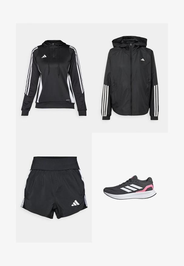 Crna lagana jakna s kapuljačom, s punim zdravo zatvaranjem, elastičnim manžetama i bijelim trostrukim trakama na rukavima.; Crni sportski pulover s polu-zipom, kapuljačom i bijelim bočnim trakama. Izrađen od glatkog, laganog materijala s prilagođenim krojem i podesivim vezicama.; Crne atletske kratke hlače od laganog materijala, s širokim pojasom, bijelim bočnim trakama i malim bijelim logotipom na donjem rubu.; Crna sportska cipela s mrežastim gornjim dijelom, bijelim dizajnom s tri pruge, ružičastim naglaskom na peti i cloudfoam srednjim đonom za amortizaciju i potporu.