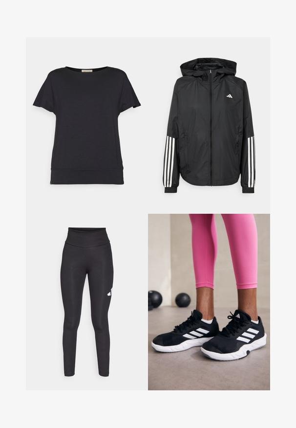 Chaqueta ligera negra con capucha, que cuenta con un cierre frontal de cremallera completa, puños elásticos y acentos blancos de tres rayas en las mangas.; Camiseta negra de manga corta con escote redondeado. Fabricada en un tejido suave y ligero. Presenta un corte ligeramente holgado y un dobladillo curvado.; Leggings negros de talle alto hechos de una tela suave y elástica, con un logo blanco en el lado izquierdo. Diseño ajustado sin patrones.; Zapatillas deportivas negras con rayas blancas, parte superior de malla texturizada y suela blanca. Combinadas con leggings rosa, exhibiendo ropa de entrenamiento.